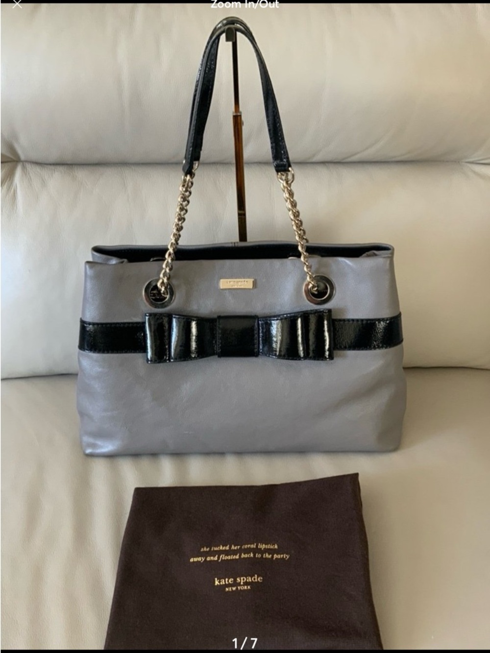 Kate Spade Gray Leather Shoulder Bag with Black Patent Bow